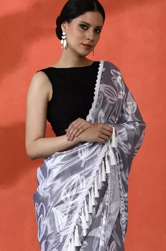 Grey chinon saree with digital print ceremonial wear