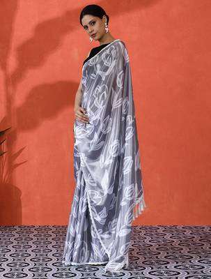 Grey chinon saree with digital print ceremonial wear 4