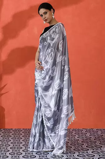 Grey chinon saree with digital print ceremonial wear