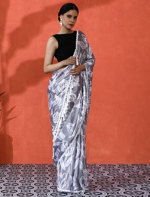 Grey chinon saree with digital print ceremonial wear 5