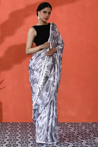 Grey chinon saree with digital print ceremonial wear