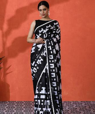 Black chinon saree with digital print ceremonial wear 1