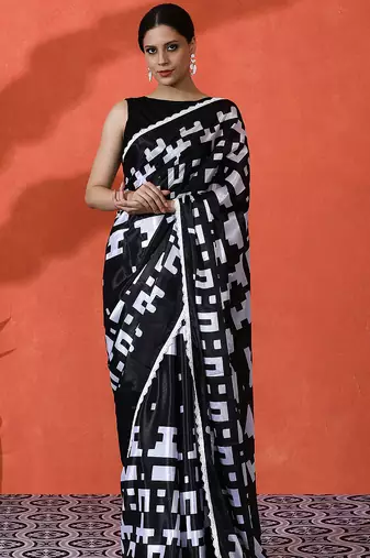 Black color chinon fabric saree with beautiful digital print for ceremonial wear