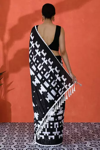 Black chinon saree with digital print ceremonial wear