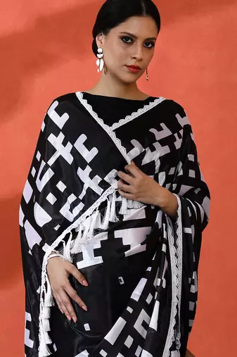 Black chinon saree with digital print ceremonial wear