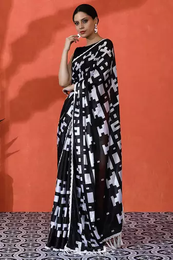 Black chinon saree with digital print ceremonial wear