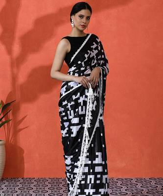 Black chinon saree with digital print ceremonial wear 5