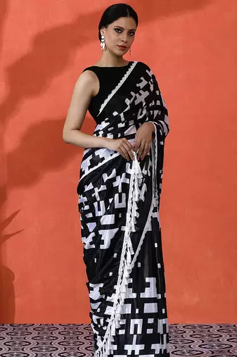 Black chinon saree with digital print ceremonial wear