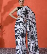 Off white color chinon fabric saree with beautiful digital print for ceremonial wear