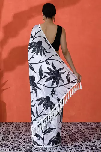 Off white chinon saree with digital print ceremonial wear