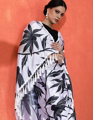 Off white chinon saree with digital print ceremonial wear 3