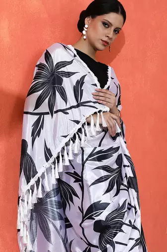 Off white chinon saree with digital print ceremonial wear