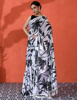 Off white chinon saree with digital print ceremonial wear 4