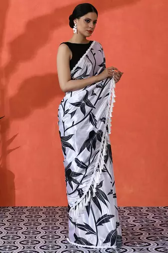 Off white chinon saree with digital print ceremonial wear