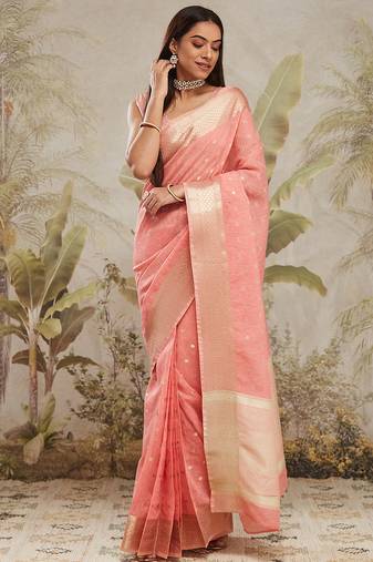 Pink chanderi cotton Woven saree