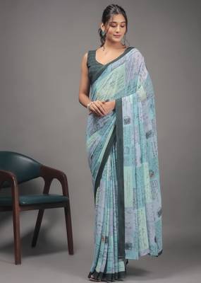 Pista green color georgette fabric printed graceful ethnic saree 1