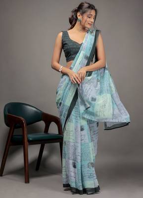 Pista green color georgette fabric printed graceful ethnic saree 4