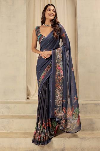 Navy blue color georgette fabric designer printed graceful ethnic saree