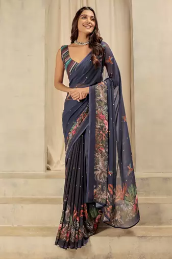 Navy blue color georgette fabric designer printed graceful ethnic saree