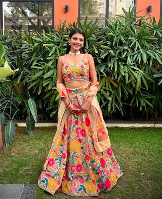 MULTICOLOR THREAD AND SEQUINS EMBROIDERED GEORGETTE LEHENGA CHOLI DUPATTA 1