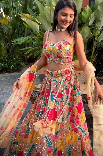 MULTICOLOR THREAD AND SEQUINS EMBROIDERED GEORGETTE LEHENGA CHOLI DUPATTA