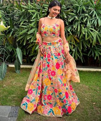 MULTICOLOR THREAD AND SEQUINS EMBROIDERED GEORGETTE LEHENGA CHOLI DUPATTA 4