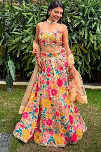 MULTICOLOR THREAD AND SEQUINS EMBROIDERED GEORGETTE LEHENGA CHOLI DUPATTA