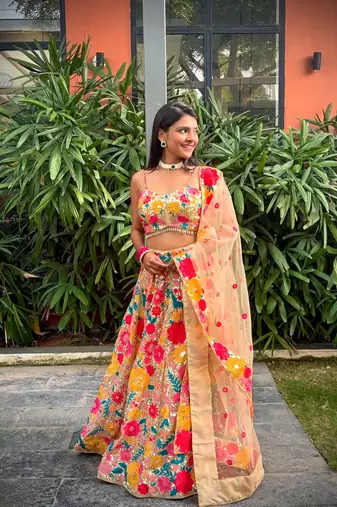 MULTICOLOR THREAD AND SEQUINS EMBROIDERED GEORGETTE LEHENGA CHOLI DUPATTA