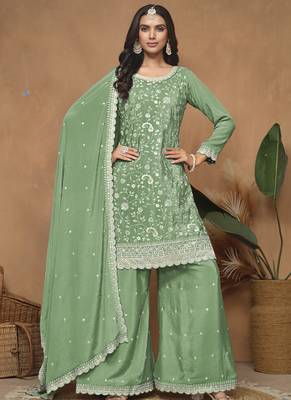 Light green chinon silk embroidered Palazzo suit 1