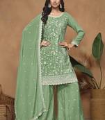 Light green chinon silk embroidered Palazzo suit