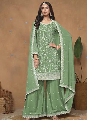 Light green chinon silk embroidered Palazzo suit 2