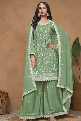 Light green chinon silk embroidered Palazzo suit