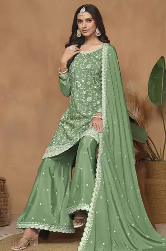 Light green chinon silk embroidered Palazzo suit