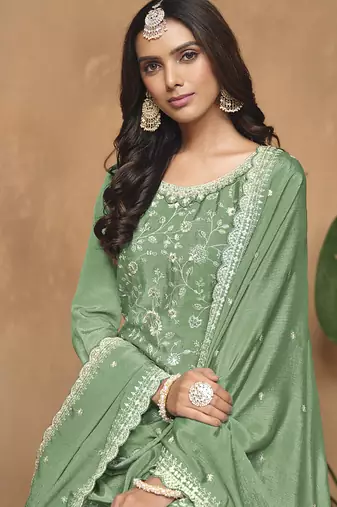 Light green chinon silk embroidered Palazzo suit