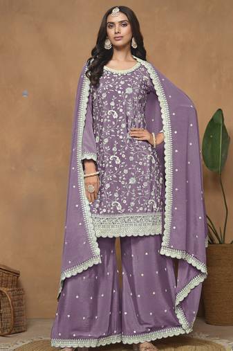 Lavender chinon silk embroidered plazzo suit