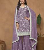 Lavender chinon silk embroidered Palazzo suit
