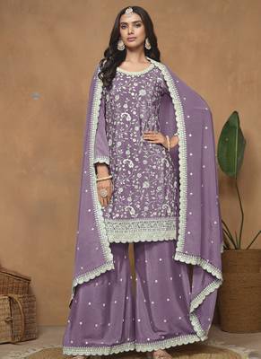 Lavender chinon silk embroidered Palazzo suit 2