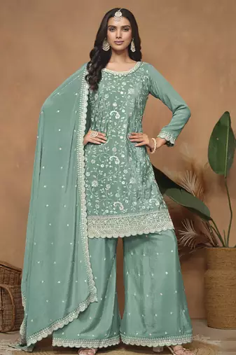 Sea green chinon silk embroidered plazzo suit