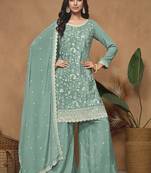 Sea green chinon silk embroidered Palazzo suit