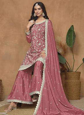Peach chinon silk embroidered Palazzo suit 1