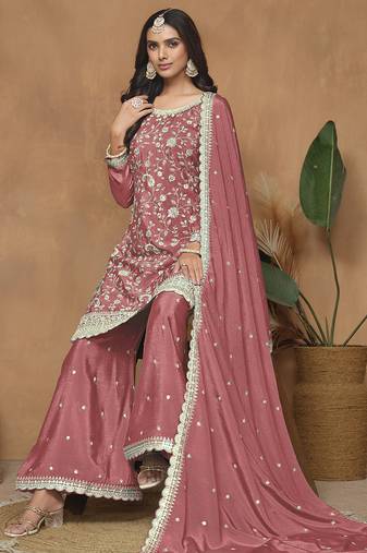 Peach chinon silk embroidered plazzo suit