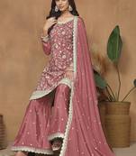 Peach chinon silk embroidered Palazzo suit