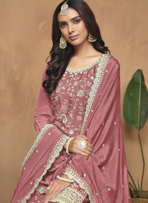 Peach chinon silk embroidered Palazzo suit 2