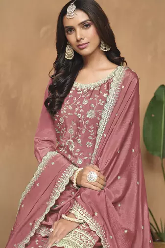 Peach chinon silk embroidered Palazzo suit