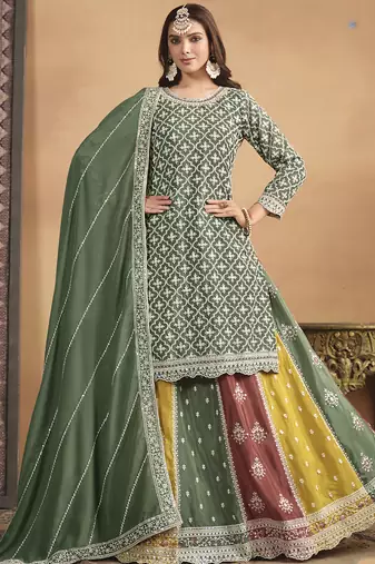 Mahendi green chinon silk embroidered Straight Suit