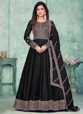 Black art silk embroidered anarkali suit 1