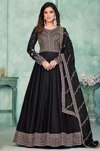 Black art silk embroidered anarkali suit