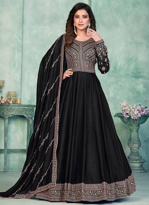 Black art silk embroidered anarkali suit 2