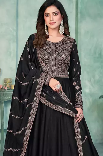 Black art silk embroidered anarkali suit
