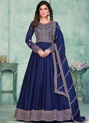 Blue art silk embroidered anarkali suit 1